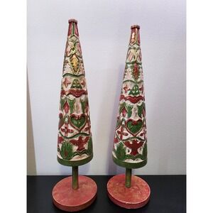 Pair Of Vintage Wooden Gilded Gold Red Green Carved Wood Christmas Tree 21"